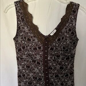 Studio Y Chocolate Brown Lace-Trim Hook-Front Tank with Silver Floral Embroidery
